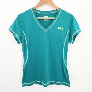 Fila Shirt Green Short Sleeve V Neck Activewear Sport Women's Fitness Medium